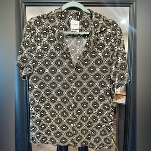 Denim & Flower Black and Cream Retro Geometric Short-Sleeve Button-Up Shirt